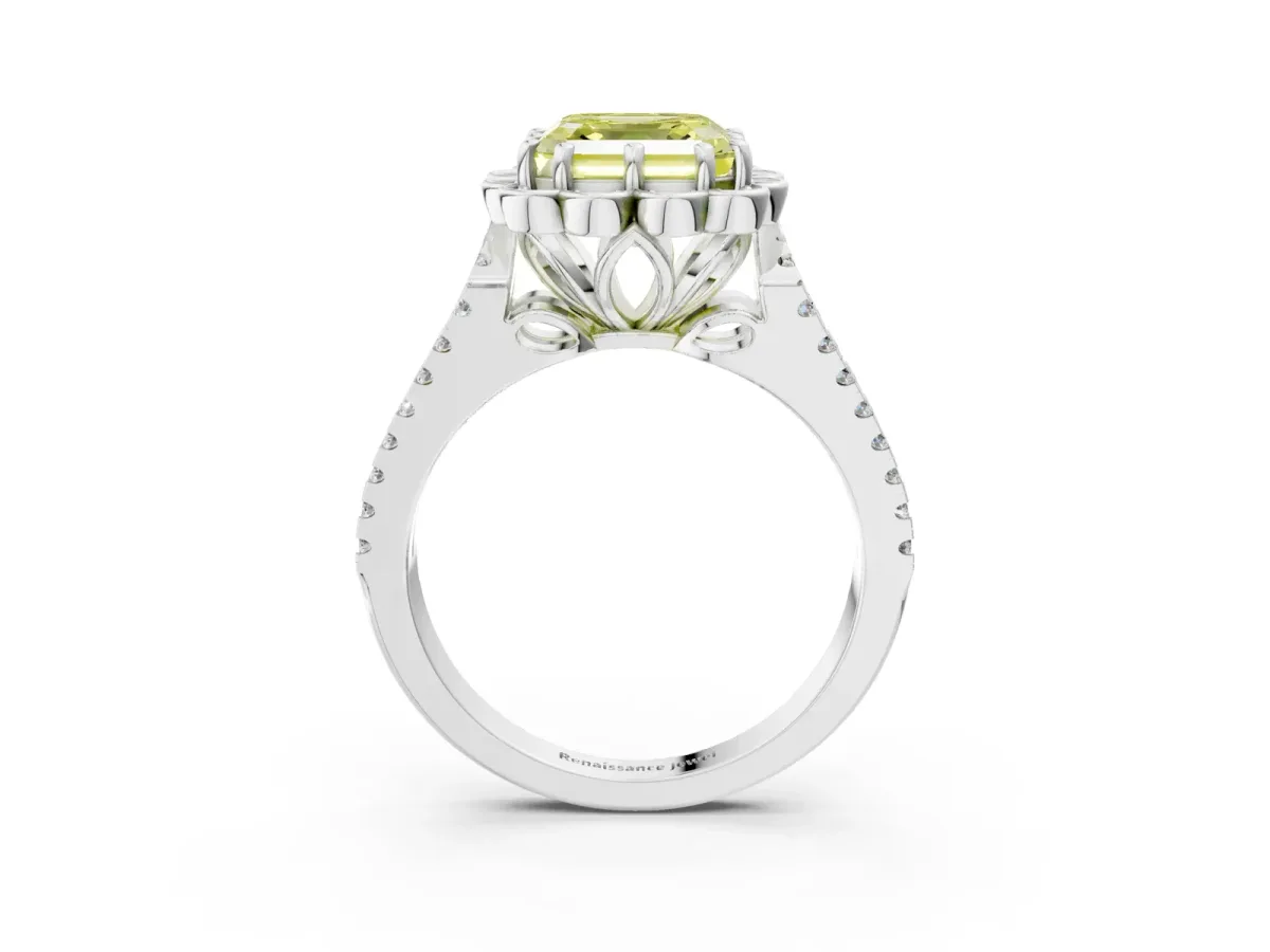 Fancy Yellow Asscher Cut Halo Diamond Floral Split Shank Engagement Ring Platinum