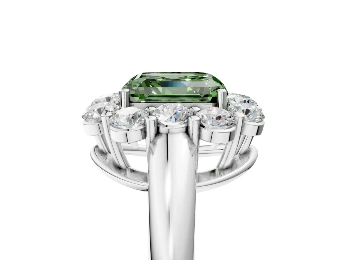 Fancy Green Asscher Cut Halo Milgrain Solitaire with Bezel Set Side Stones and Pave Band Platinum