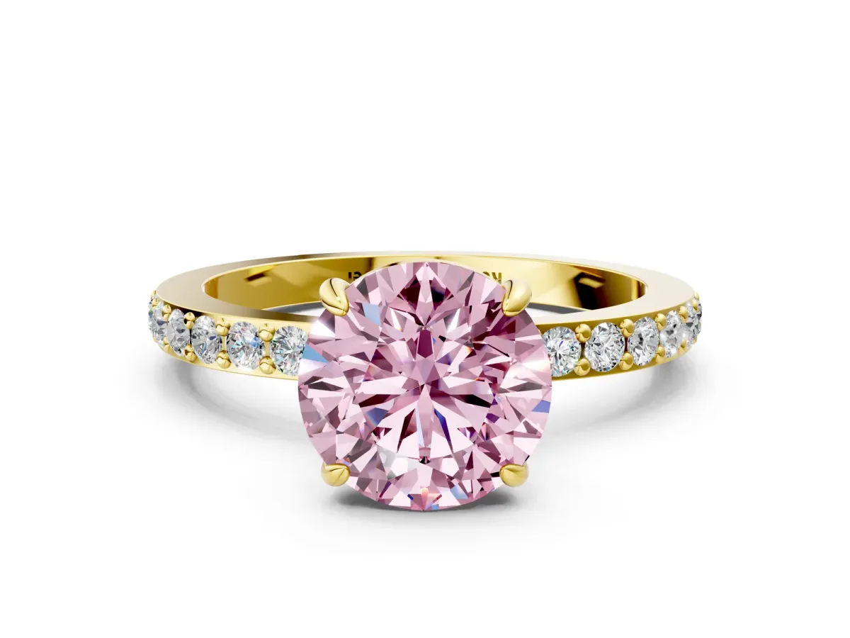 Fancy Pink Round Cut Diamond Solitaire Engagement Ring with Pavé Band and Four-Prong Setting Yellow gold