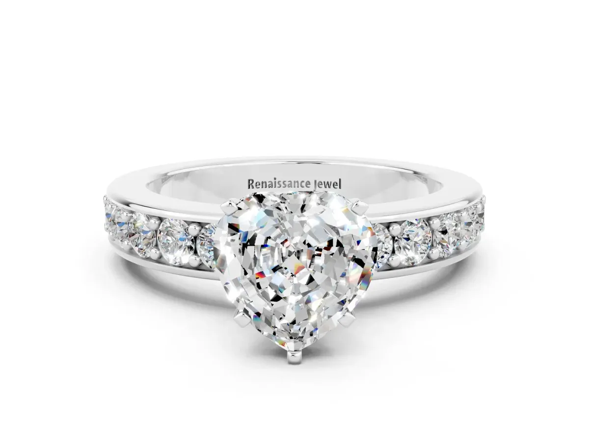 Heart Cut Moissanite Engagement Ring with Channel Set Round Band and Prong Setting White gold