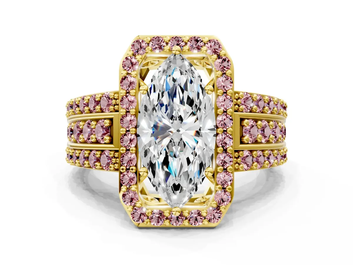 Marquise Cut Halo Diamond Ring with Round Morganite Split Shank and Prong Setting Yellow gold