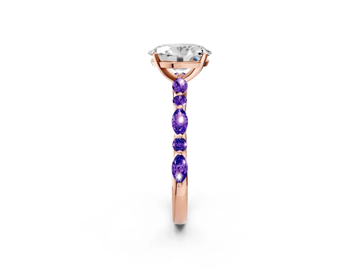 Oval Cut Diamond Ring with Marquise and Round Tanzanite Side Stones and Four-Prong Setting Rose gold