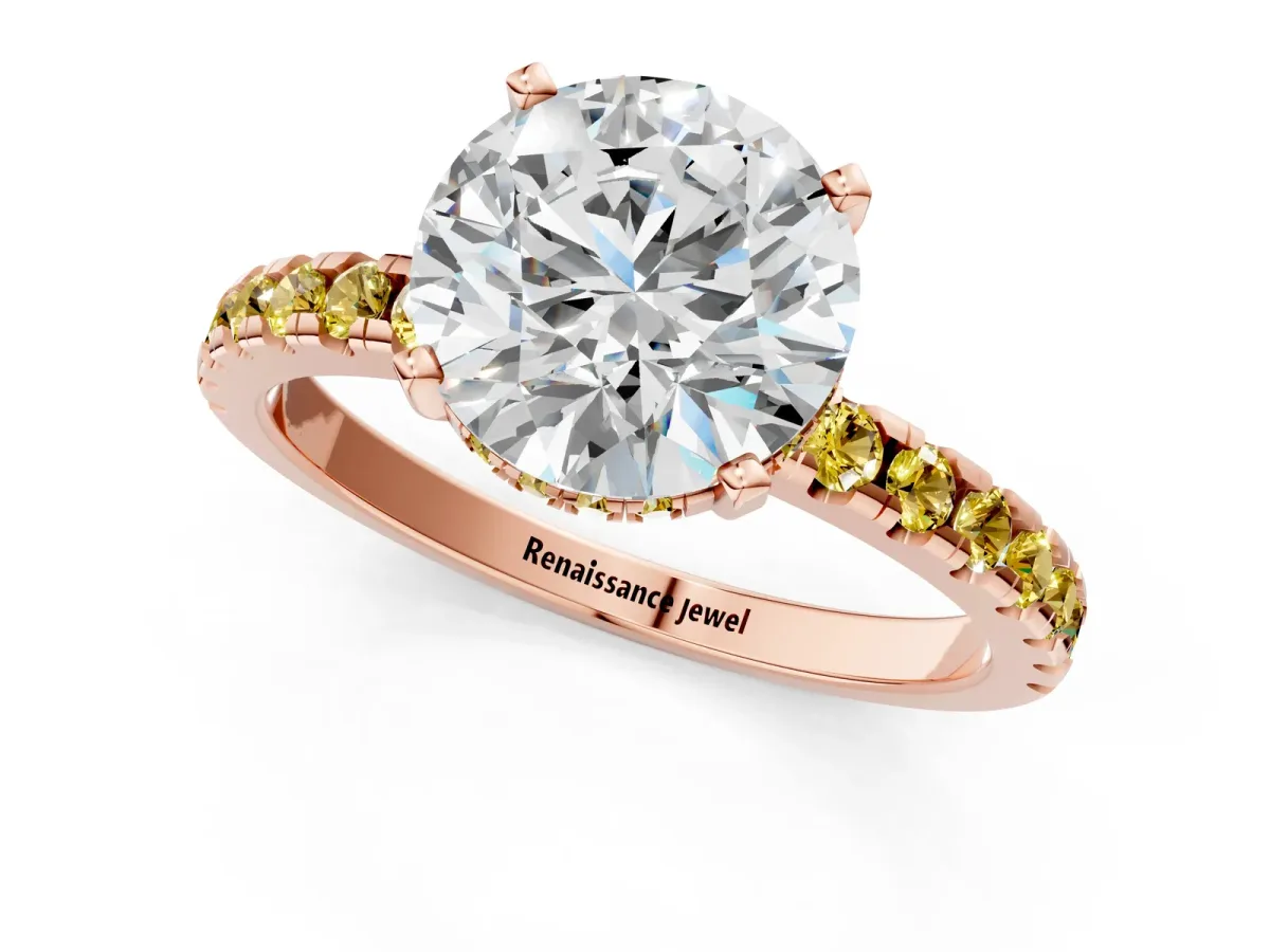Round Cut Diamond Solitaire Ring with Round Yellow Sapphire Pavé Band and Four-Prong Setting Rose gold