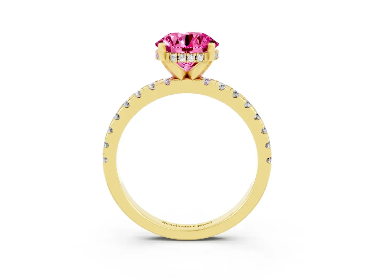 Round Cut Pink Sapphire Solitaire Ring with Round Pavé Band and Four-Prong Setting Yellow gold