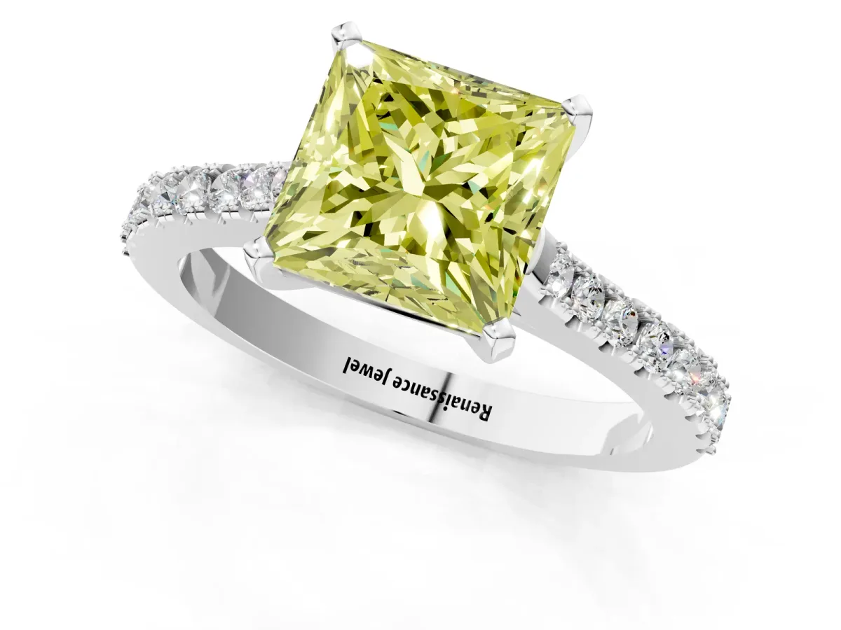 Fancy Yellow Princess Cut Cut Solitaire Diamond Engagement Ring with Pave Band and Four-Prong Setting White gold