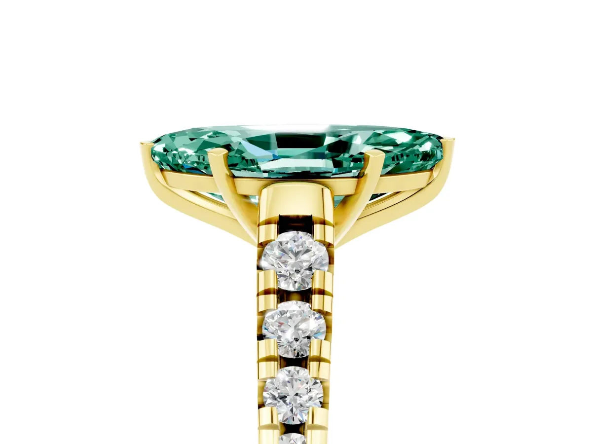 Marquise Cut Green Sapphire Cathedral Solitaire Ring with Round Pavé Band Yellow gold