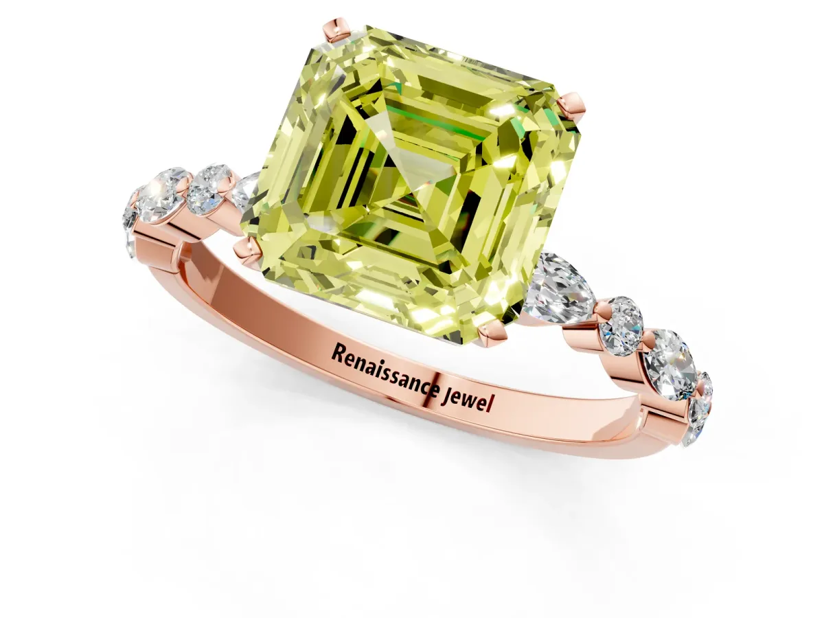 Fancy Yellow Asscher Cut Diamond Ring with Marquise and Round Side Stones and Four-Prong Setting Rose gold