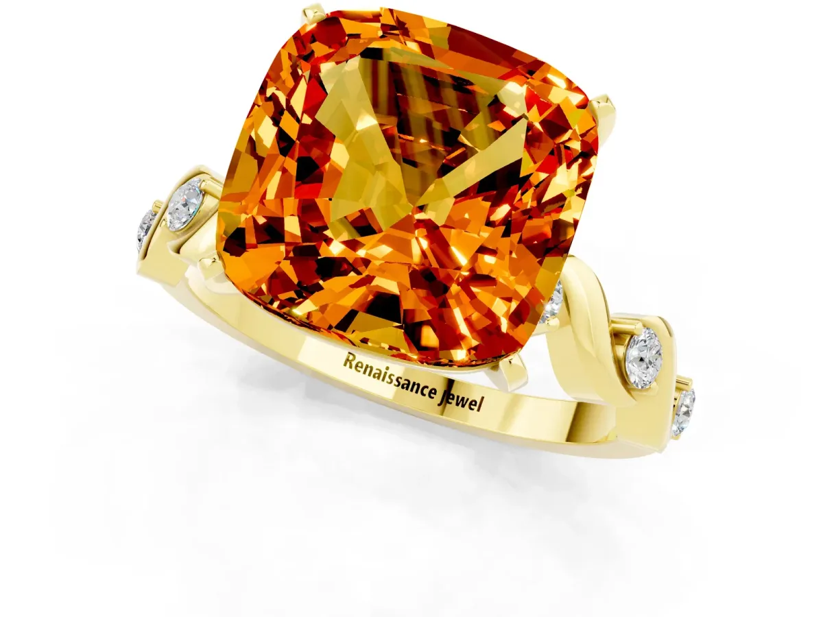Cushion Cut Citrine Solitaire Twisted Band with Round Accents and Prong Setting Yellow gold