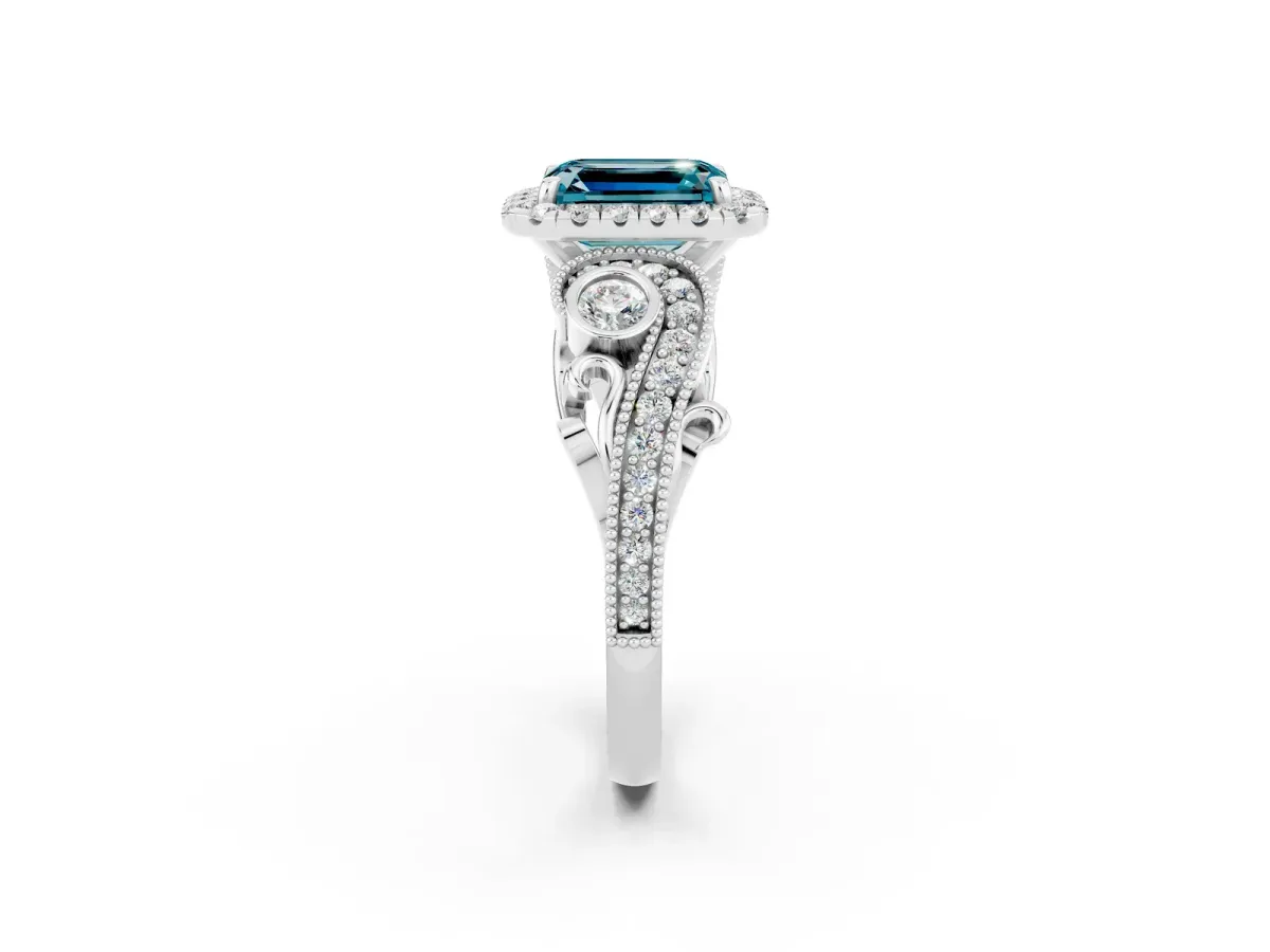 Emerald Cut Blue Topaz Halo Ring with Milgrain Pavé Band and Four-Prong Setting White gold