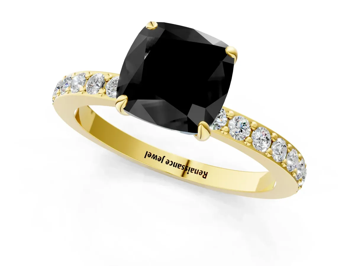 Fancy Black Cushion Cut Diamond Solitaire Engagement Ring with Pavé Band and Four-Prong Setting Yellow gold