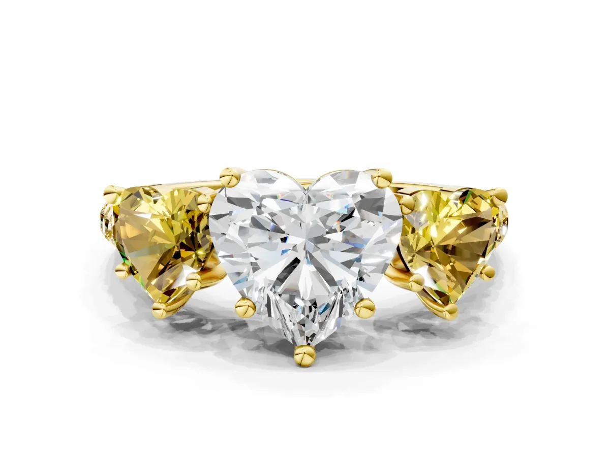 Three-Stone Heart Cut Diamond Ring with Round Yellow Sapphire Pavé Band and Prong Setting Yellow gold