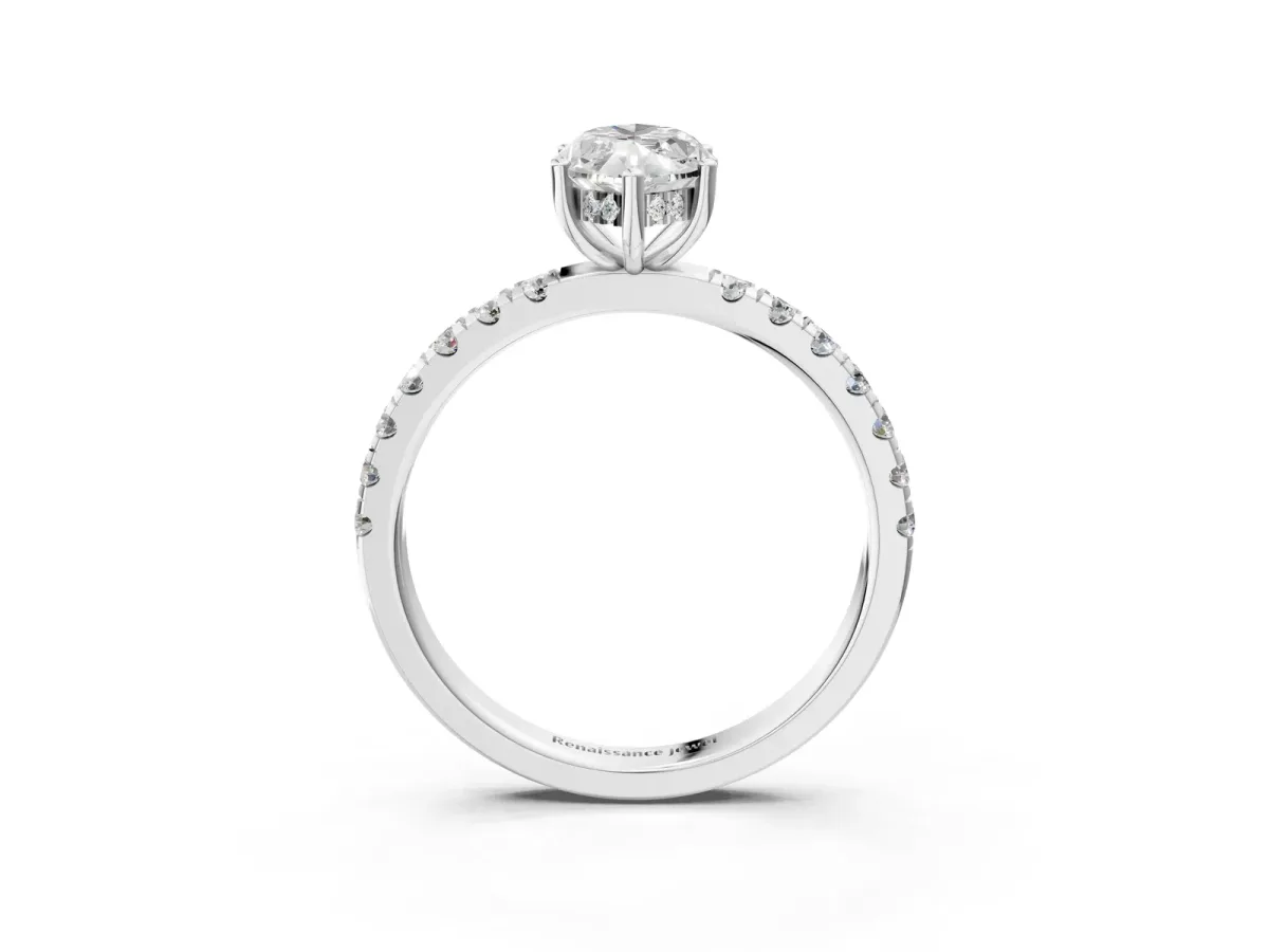 Marquise Cut Diamond Pave Band Solitaire Ring with Round Moissanite and Prong Setting White gold