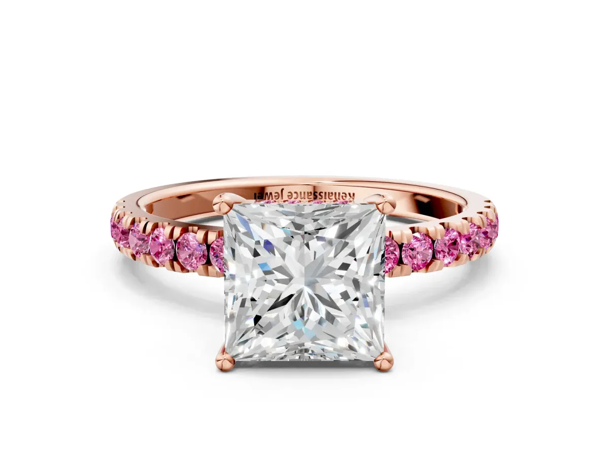 Princess Cut Diamond Pave Band Solitaire Ring with Round Pink Sapphire and Prong Setting Rose gold