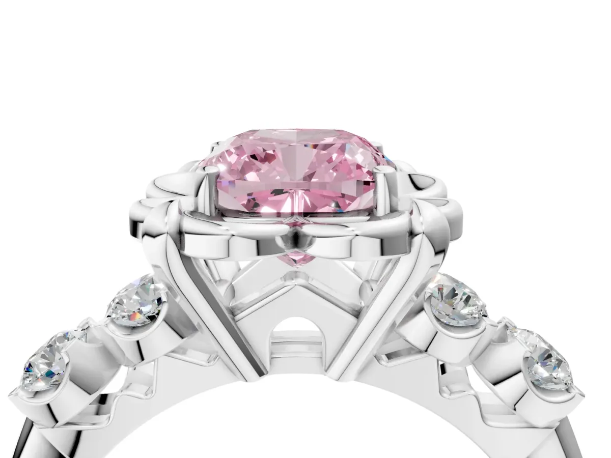 Fancy Pink Cushion Cut Cut Diamond Floral Halo Engagement Ring with Shared Prong Setting Silver