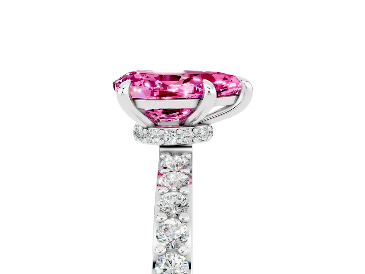 Pear Cut Pink Sapphire Solitaire Engagement Ring with Pavé Band and Four-Prong Setting White gold