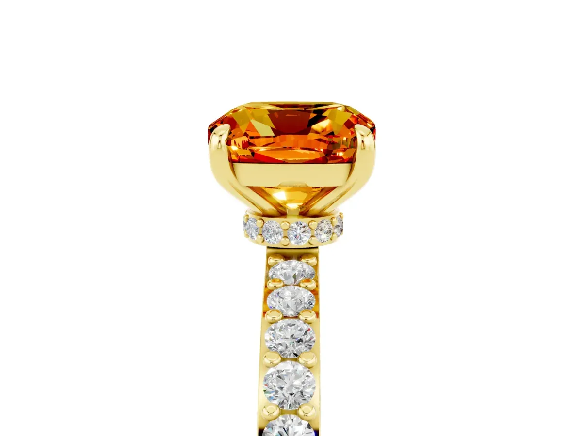 Cushion Cut Citrine Solitaire Engagement Ring with Pavé Band and Four-Prong Setting Yellow gold