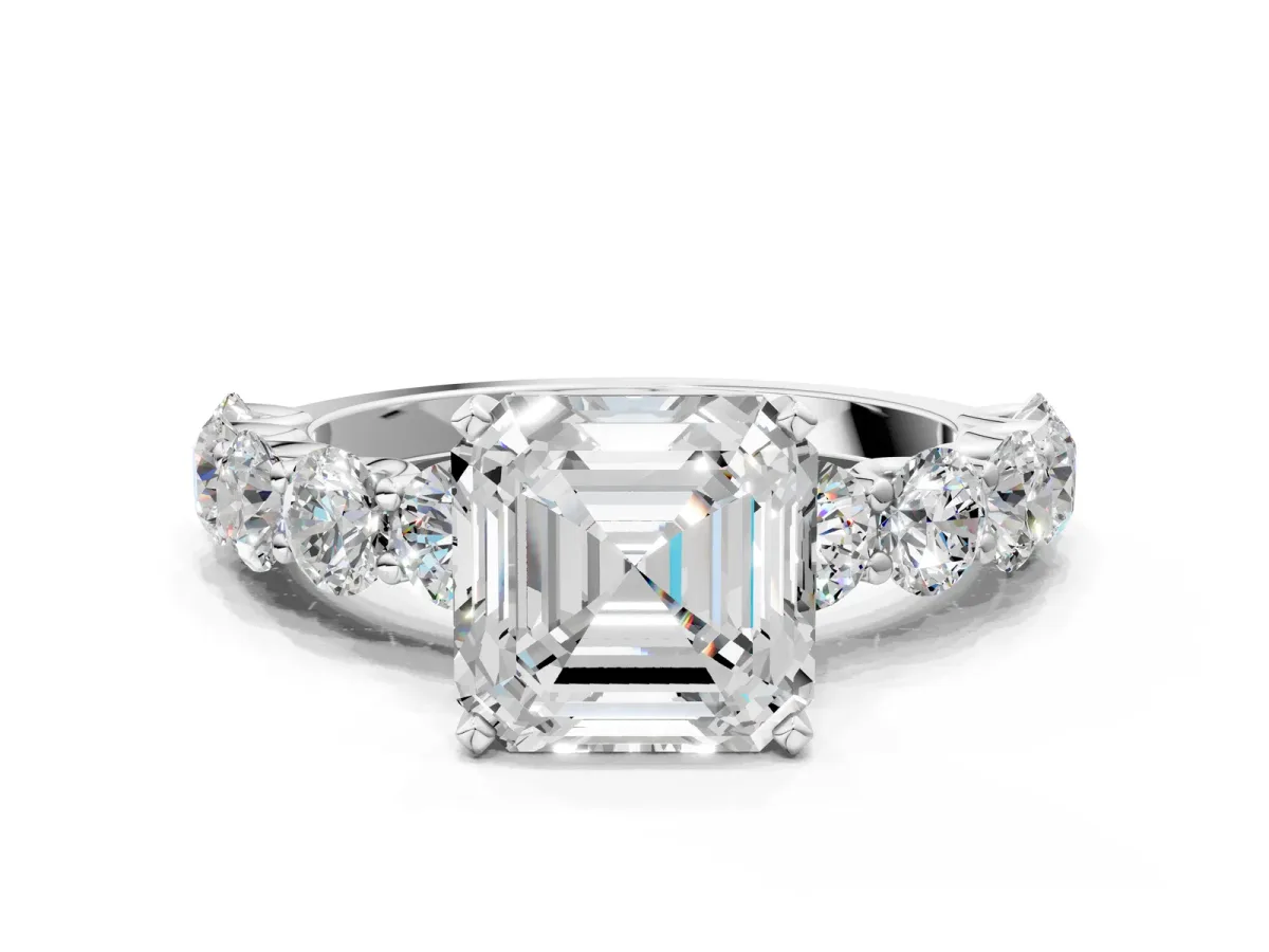 Asscher Cut Diamond Prong Setting with Side Stones on a Pave Band Silver