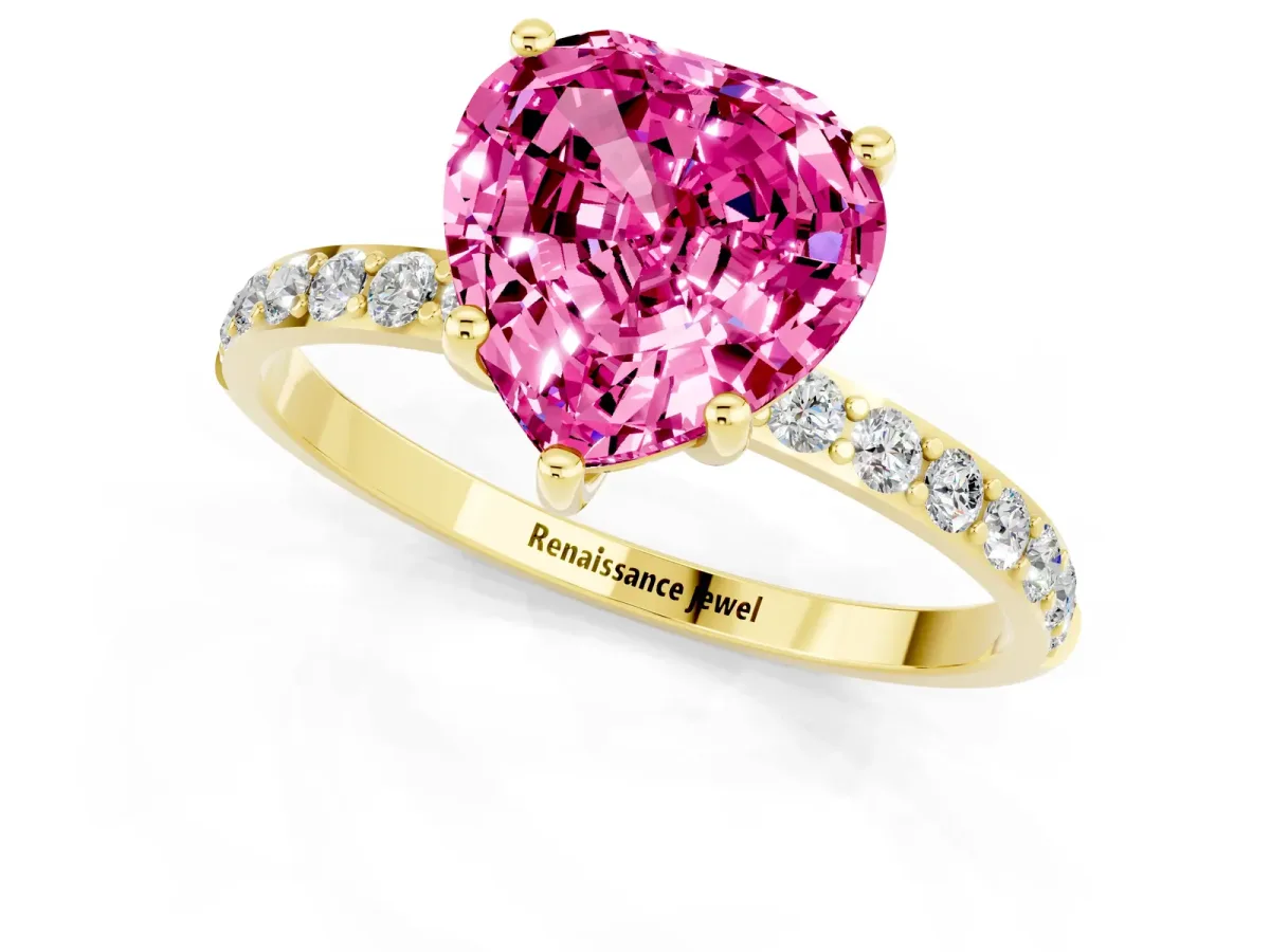 Heart Cut Pink Sapphire Solitaire Ring with Round Pavé Band and Prong Setting Yellow gold