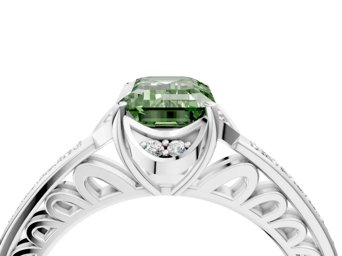 Fancy Green Emerald Cut Cut Halo Diamond Ring with Channel Set Band and Four-Prong Setting White gold