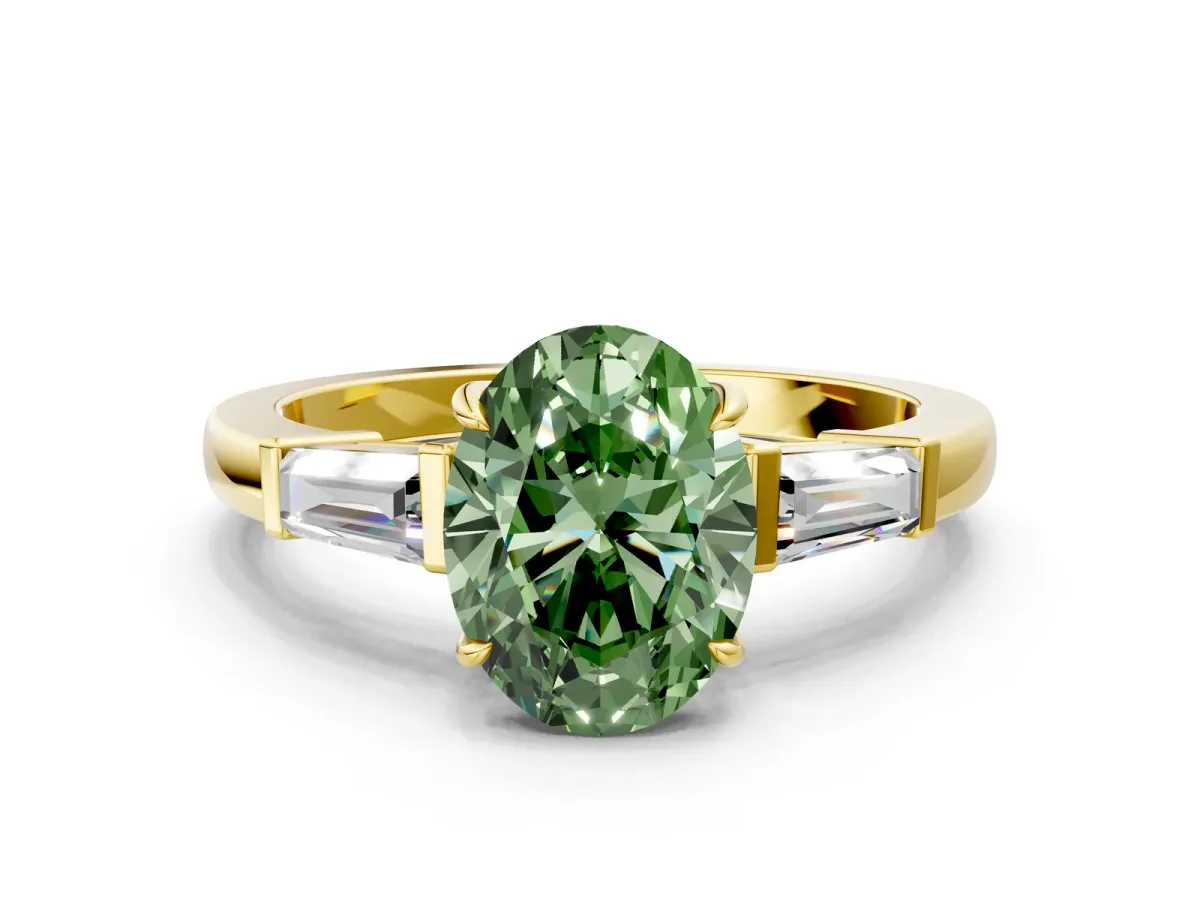 Fancy Green Oval Cut Diamond Three-Stone Ring with Tapered Baguette Side Stones and Prong Setting Yellow gold