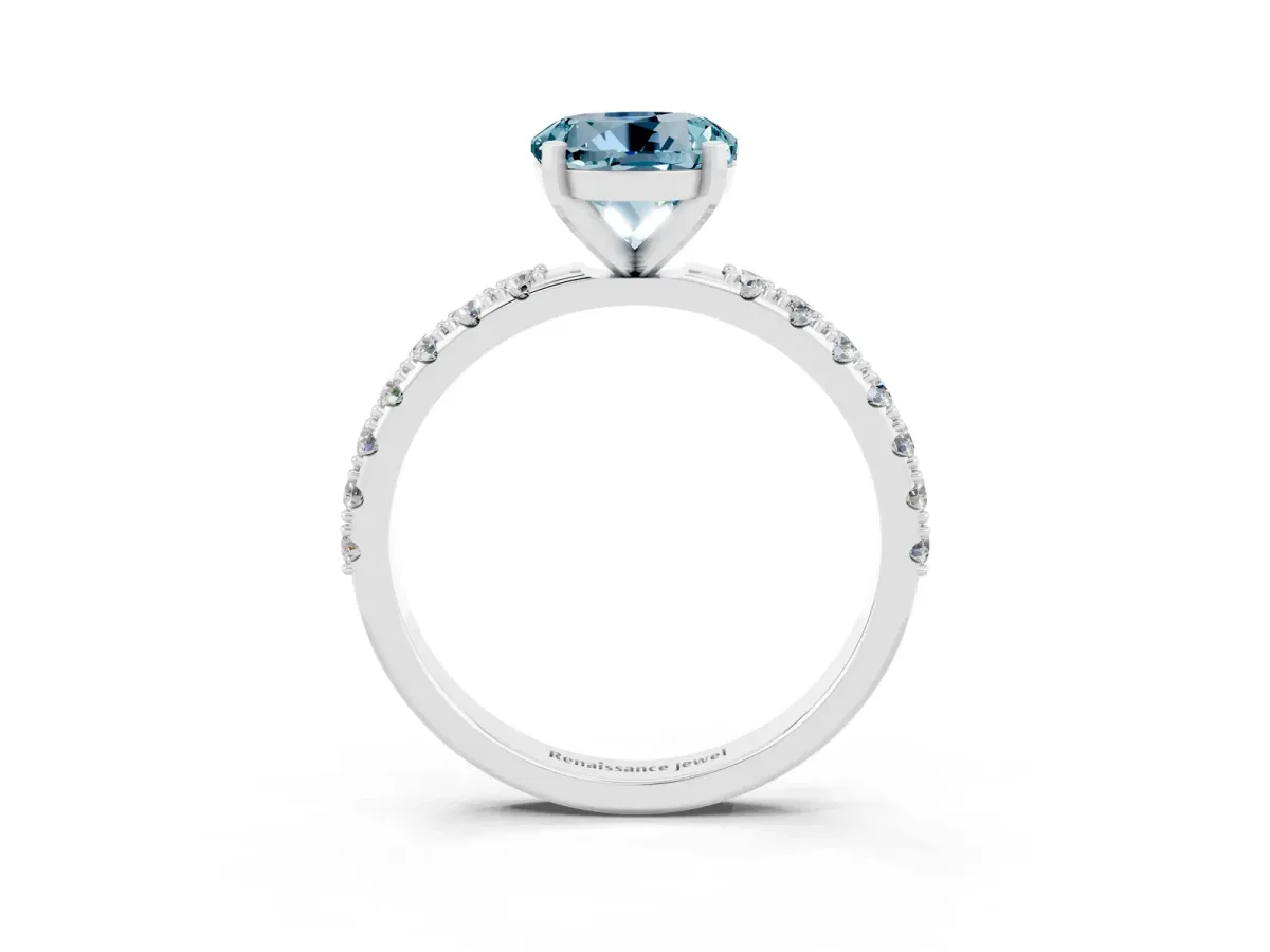 Round Cut Aquamarine Solitaire Pavé Band with Four-Prong Setting Platinum