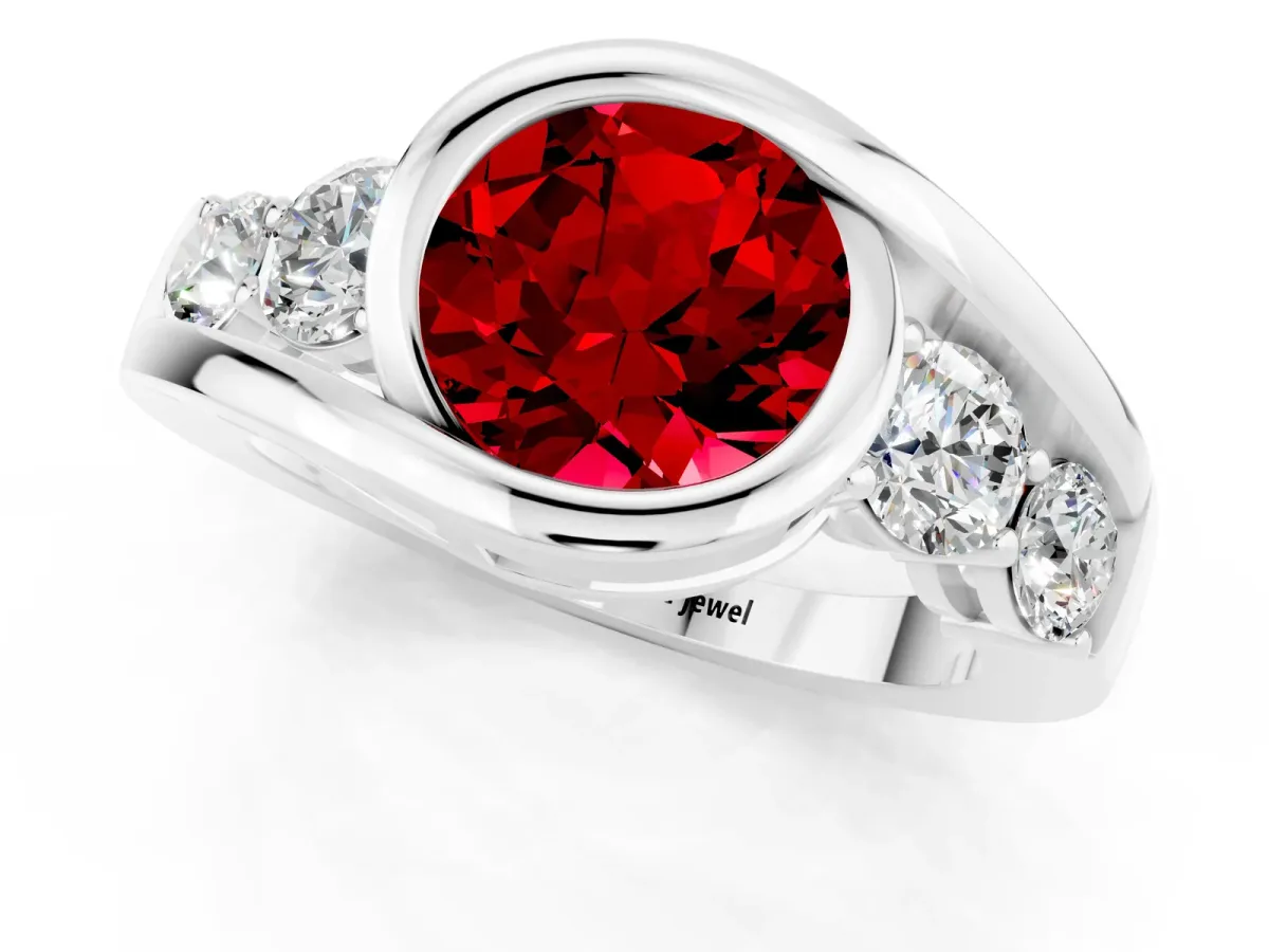 Bezel Set Round Cut Ruby Bypass Ring with Round Accents Silver