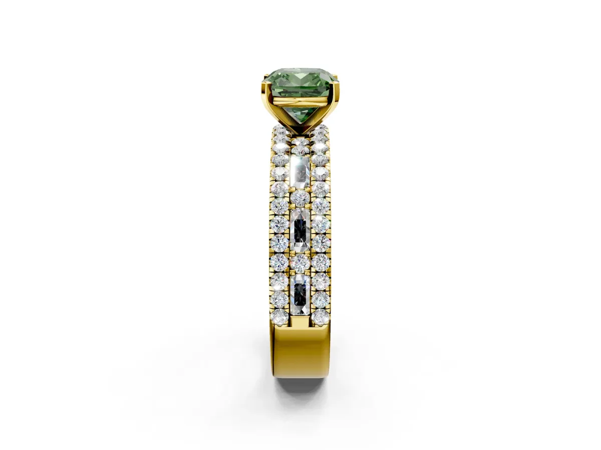 Fancy Green Cushion Cut Diamond Solitaire Ring with Pavé and Channel Set Band Yellow gold