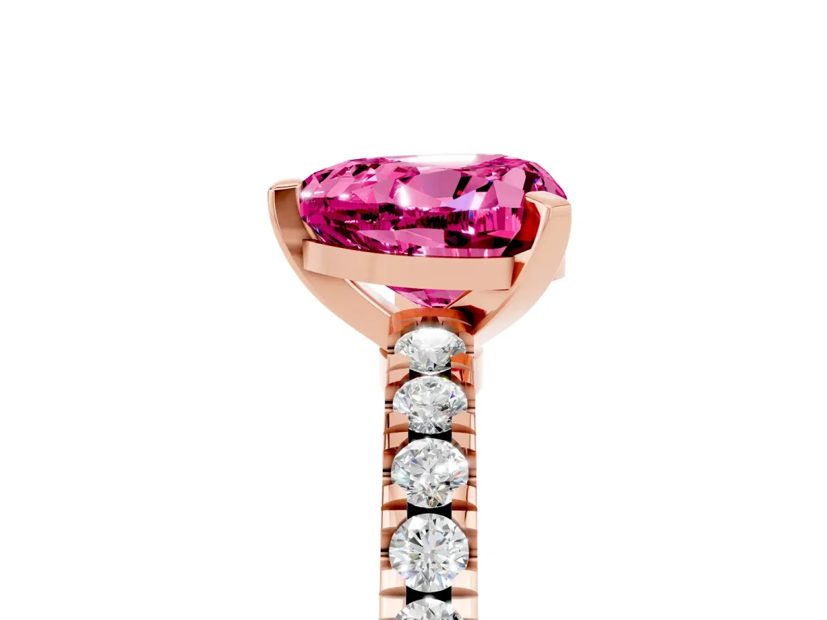 Heart Cut Solitaire Pink Sapphire with Pavé Band and Four-Prong Setting Rose gold