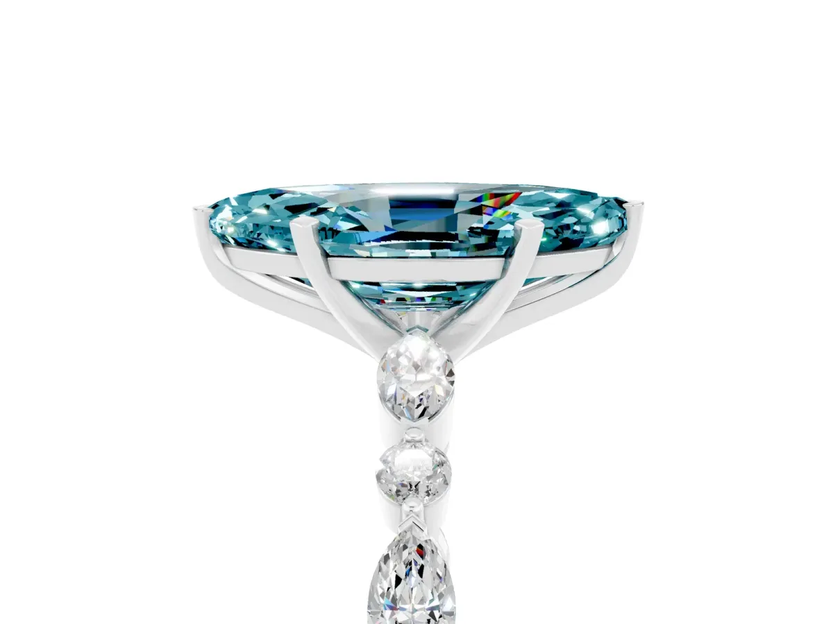 Marquise Cut Blue Topaz Ring with Marquise and Round Side Stones and Four-Prong Setting White gold