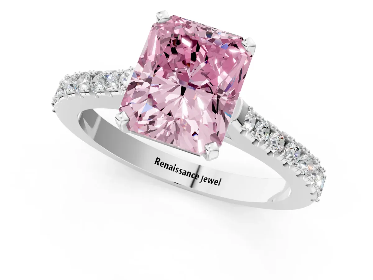 Fancy Pink Radiant Cut Cut Solitaire Diamond Engagement Ring with Pave Band and Four-Prong Setting White gold