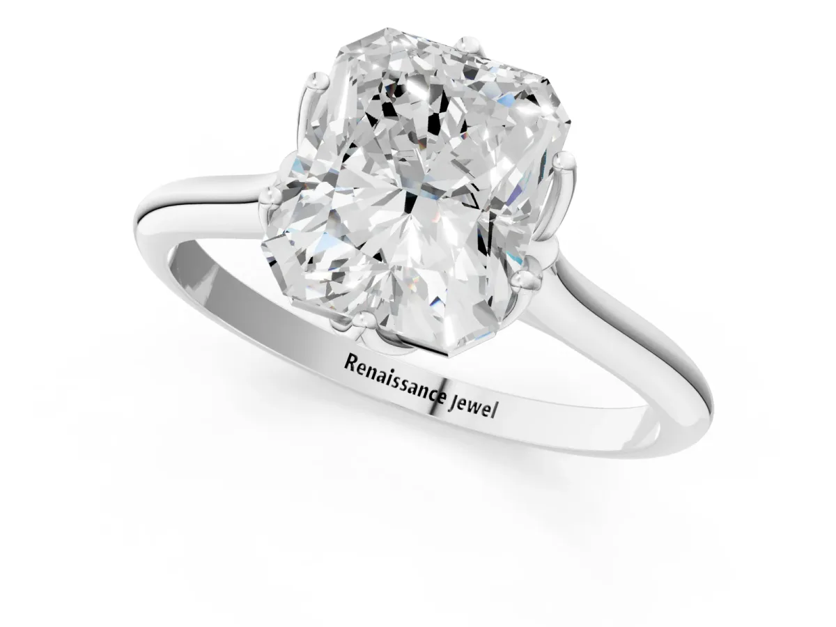 Radiant Cut Solitaire Cathedral Diamond Ring with Six-Prong Setting Platinum