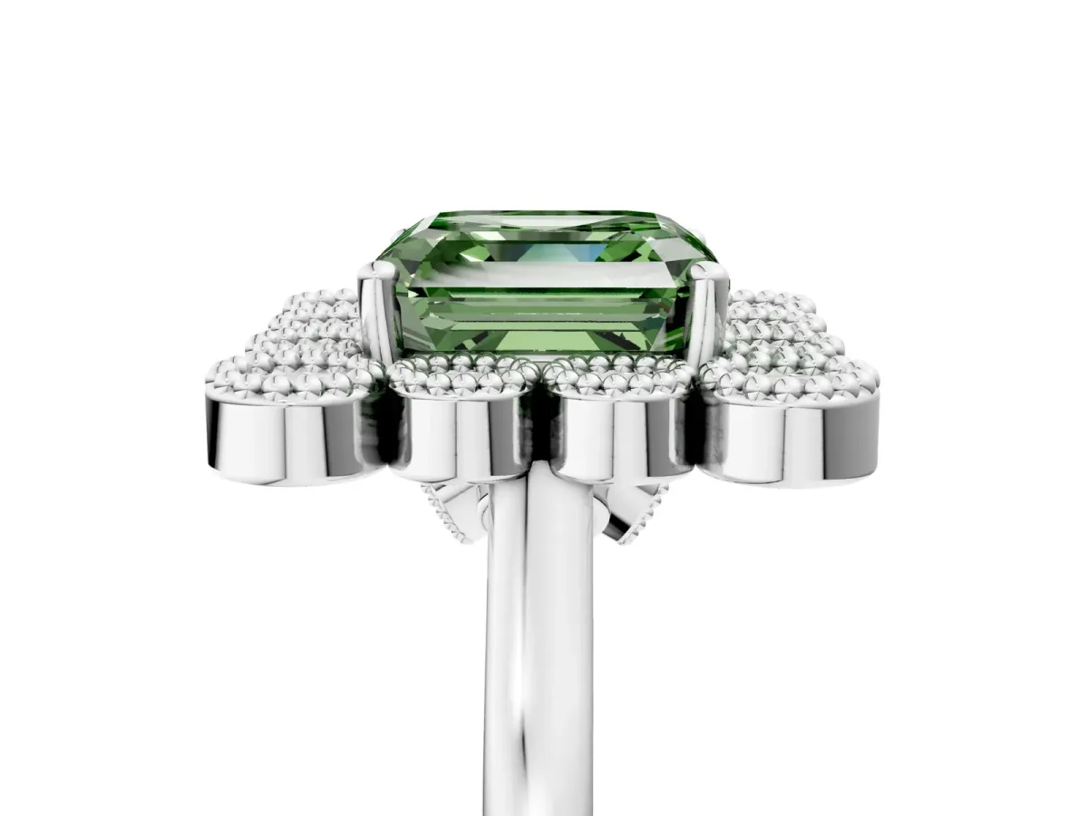 Fancy Green Asscher Cut Halo Diamond Cluster Engagement Ring with Milgrain Bezel Setting and Solitaire Band Platinum