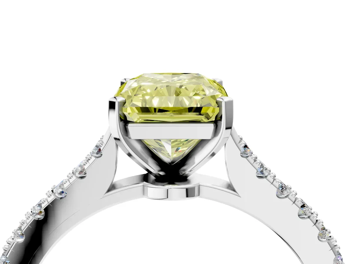 Fancy Yellow Radiant Cut Cut Solitaire Diamond Engagement Ring with Pave Band and Four-Prong Setting White gold