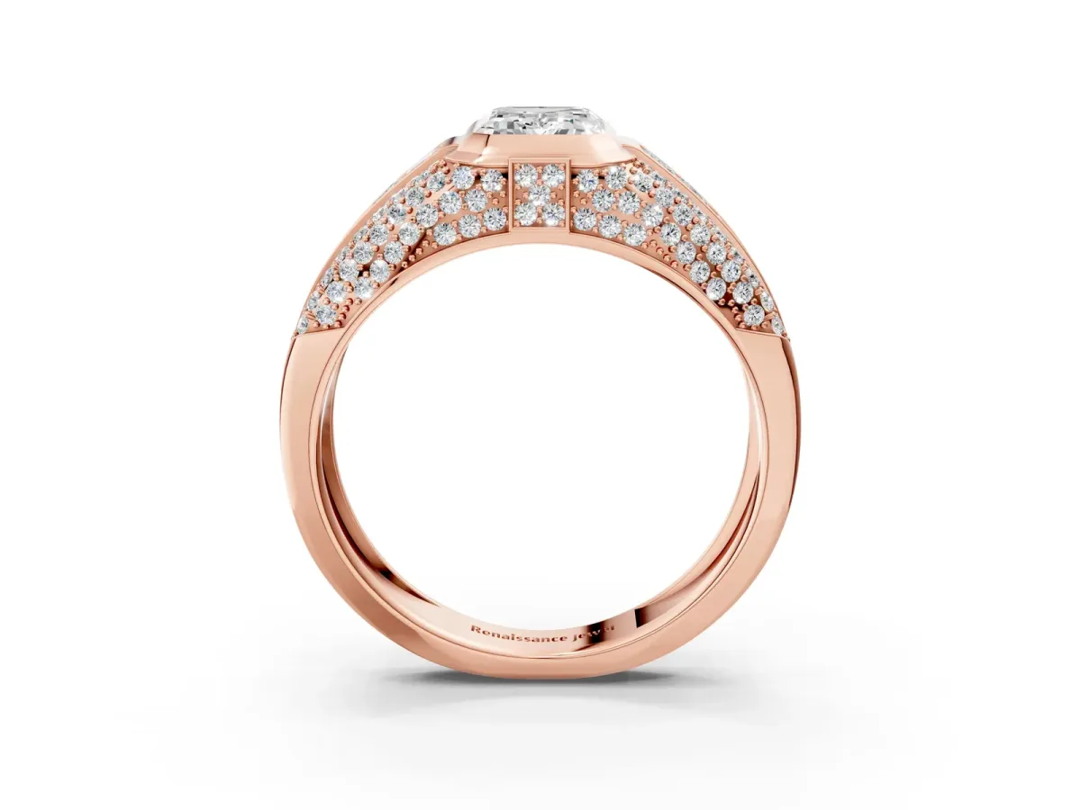 Emerald Cut Diamond Mens Ring with Side Stones Rose gold