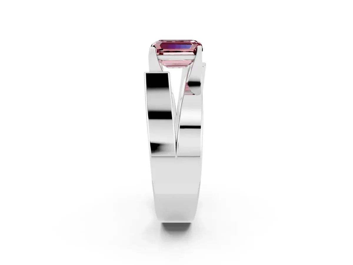 Modern Tension Set Emerald Cut Morganite Solitaire Wide Band Ring Silver