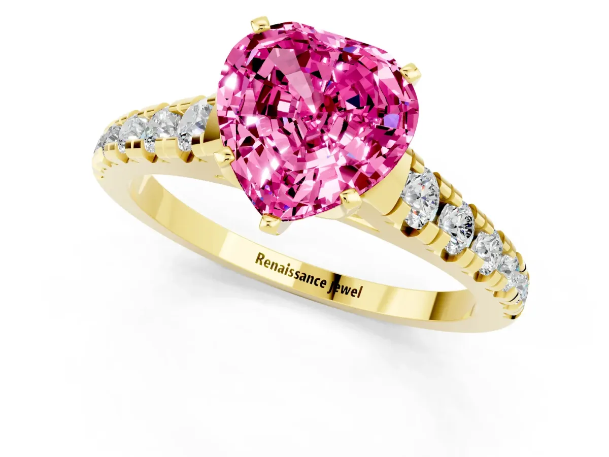 Heart Cut Pink Sapphire Cathedral Solitaire Ring with Round Pavé Band Yellow gold