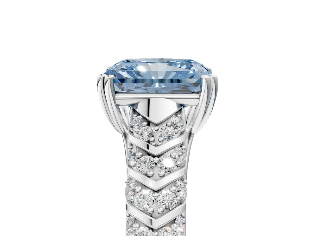 Fancy Blue Radiant Cut Solitaire Chevron Pave Diamond Engagement Ring with Six-Prong Setting Platinum