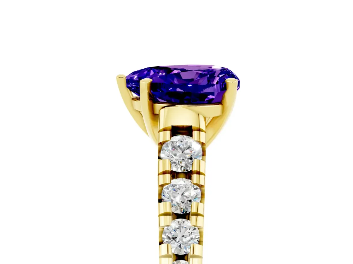 Heart Cut Tanzanite Cathedral Solitaire Ring with Round Pavé Band Yellow gold