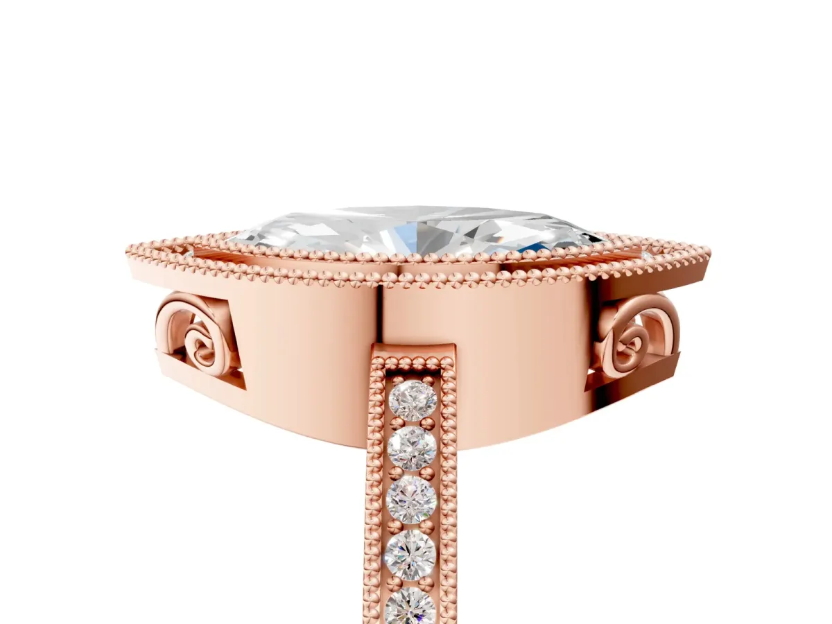 Marquise Cut Cut Halo Diamond Ring with Pavé Band and Milgrain Prong Setting Rose gold