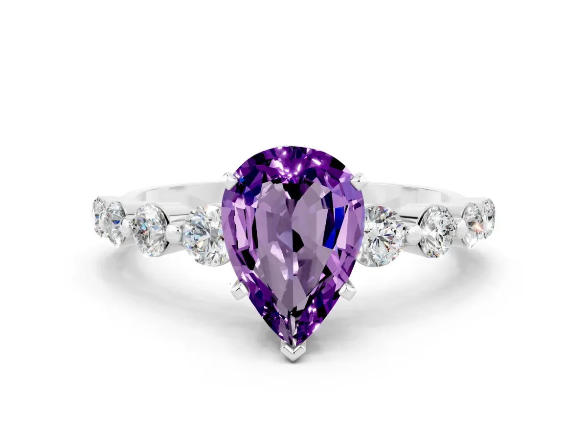 Pear Cut Solitaire Amethyst Ring with Pave Band and Four-Prong Setting White gold