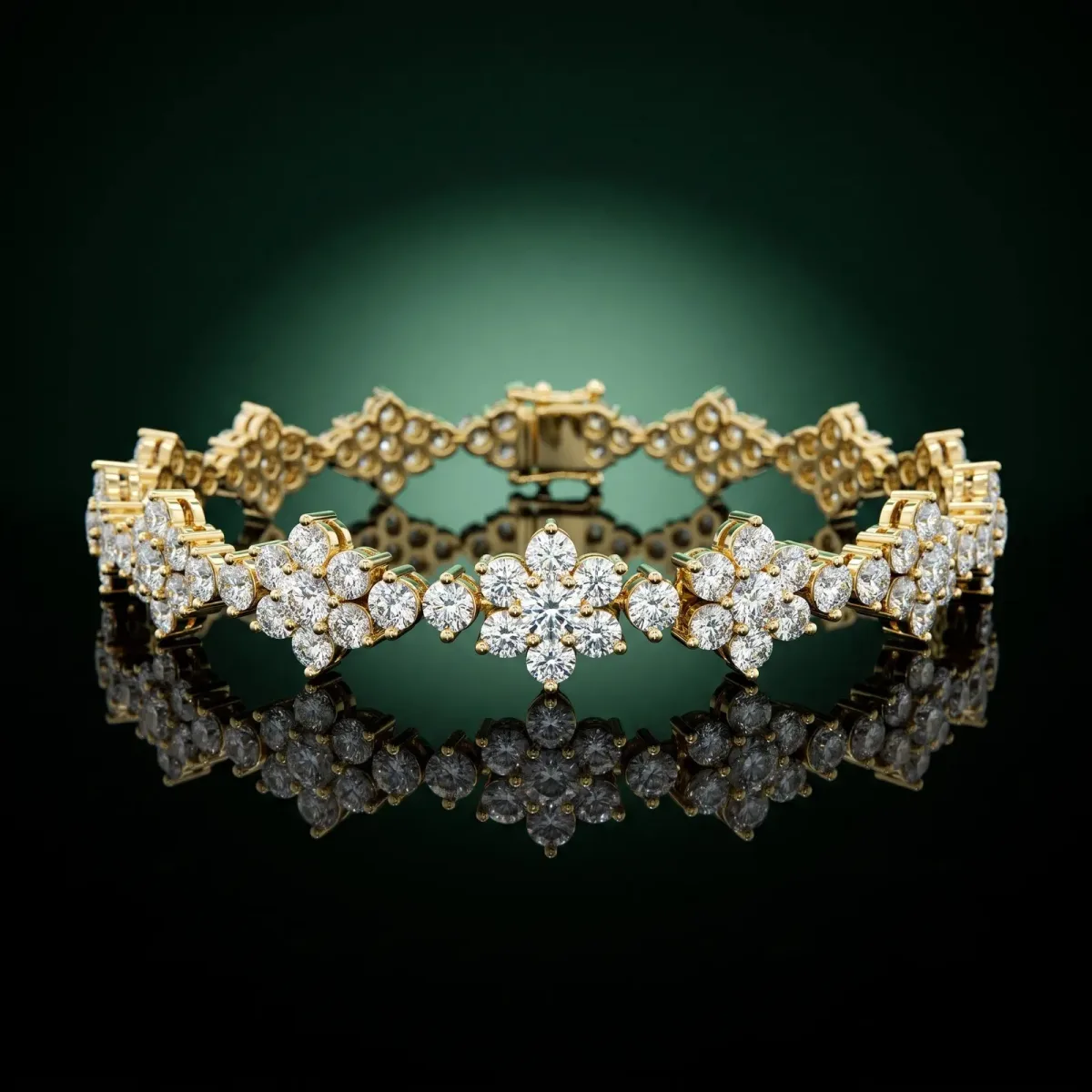 Round Diamond Floral Cluster Tennis Bracelet with Prong Setting Yellow gold