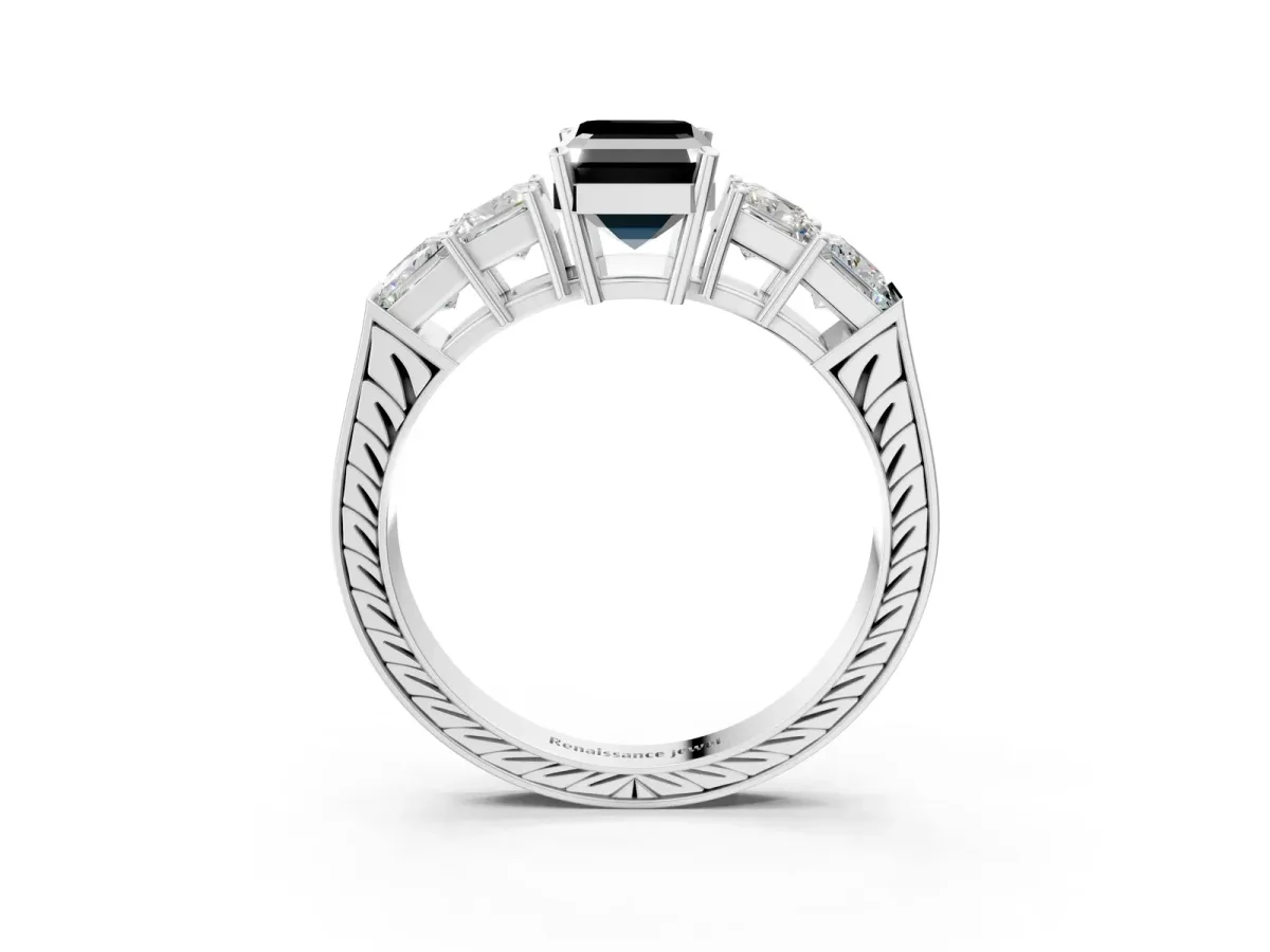 Fancy Black Emerald Cut Solitaire Princess Side Stone Engraved Band Prong Setting Ring White gold