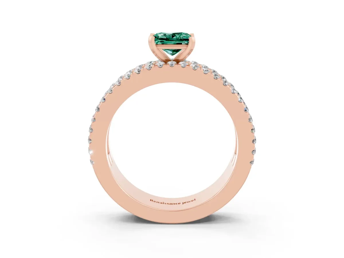 Princess Cut Green Sapphire Solitaire Ring with Pavé and Channel Set Band Rose gold