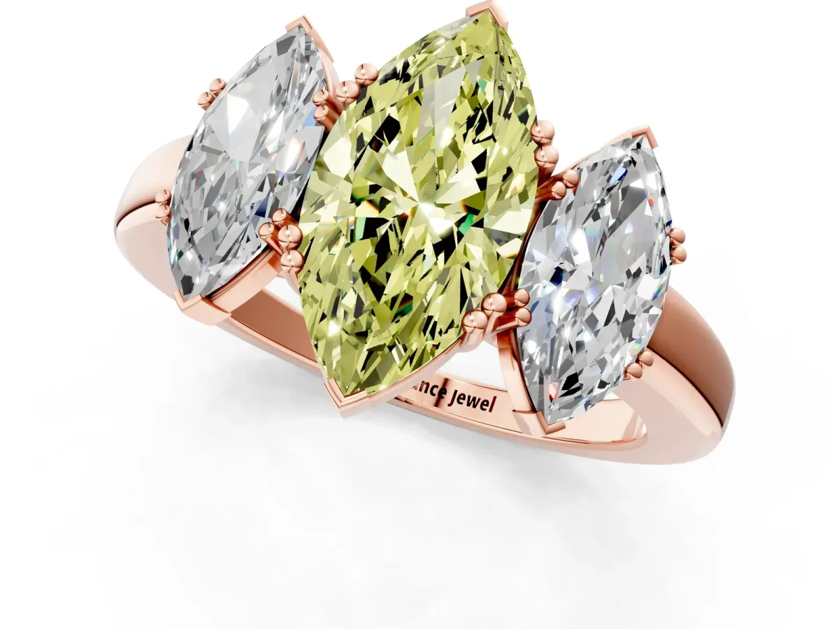 Fancy Yellow Three-Stone Marquise Cut Cut Diamond Ring with Channel Set Band and Four-Prong Setting Rose gold