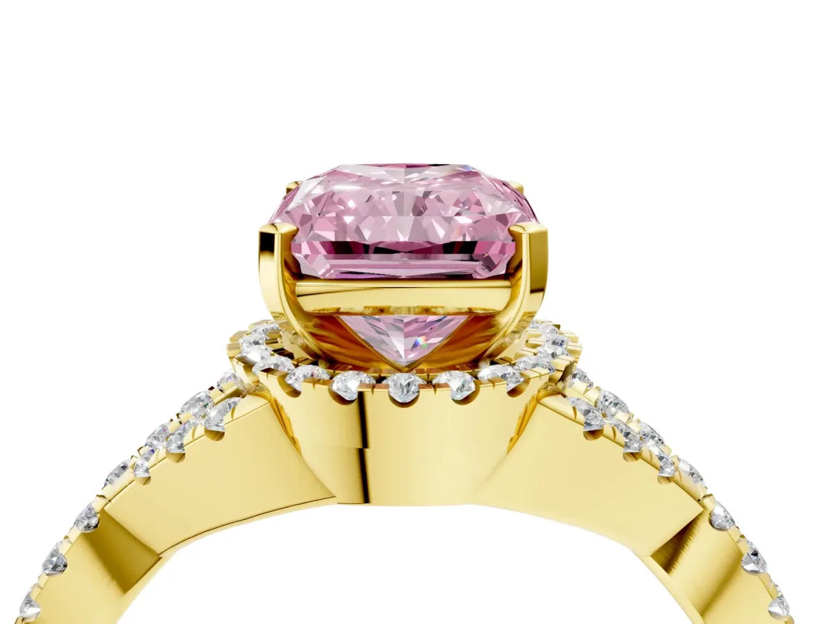 Fancy Pink Radiant Cut Diamond Halo Twist Band Solitaire Prong Setting Ring Yellow gold