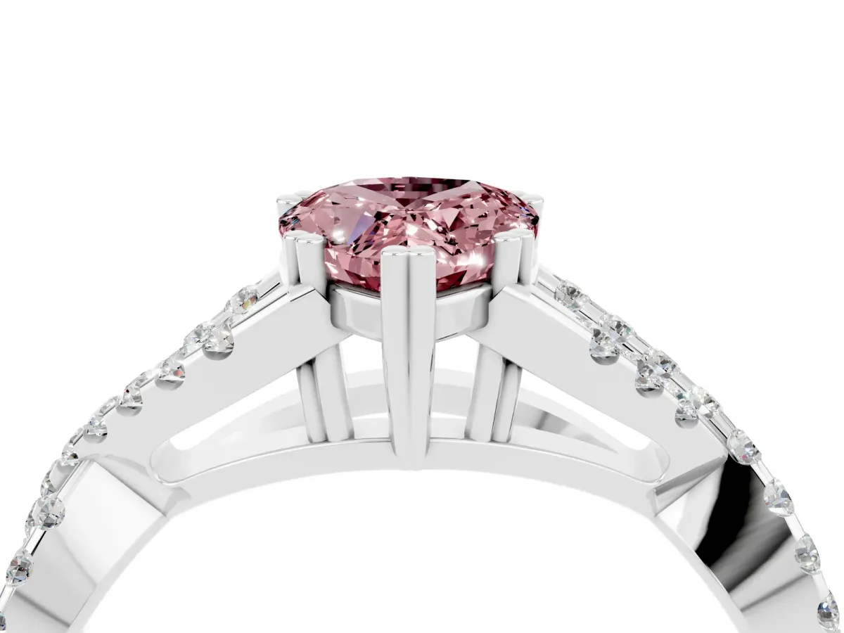 Pear Cut Morganite Solitaire Ring with Four-Prong Setting and Twisted Pavé Band Platinum