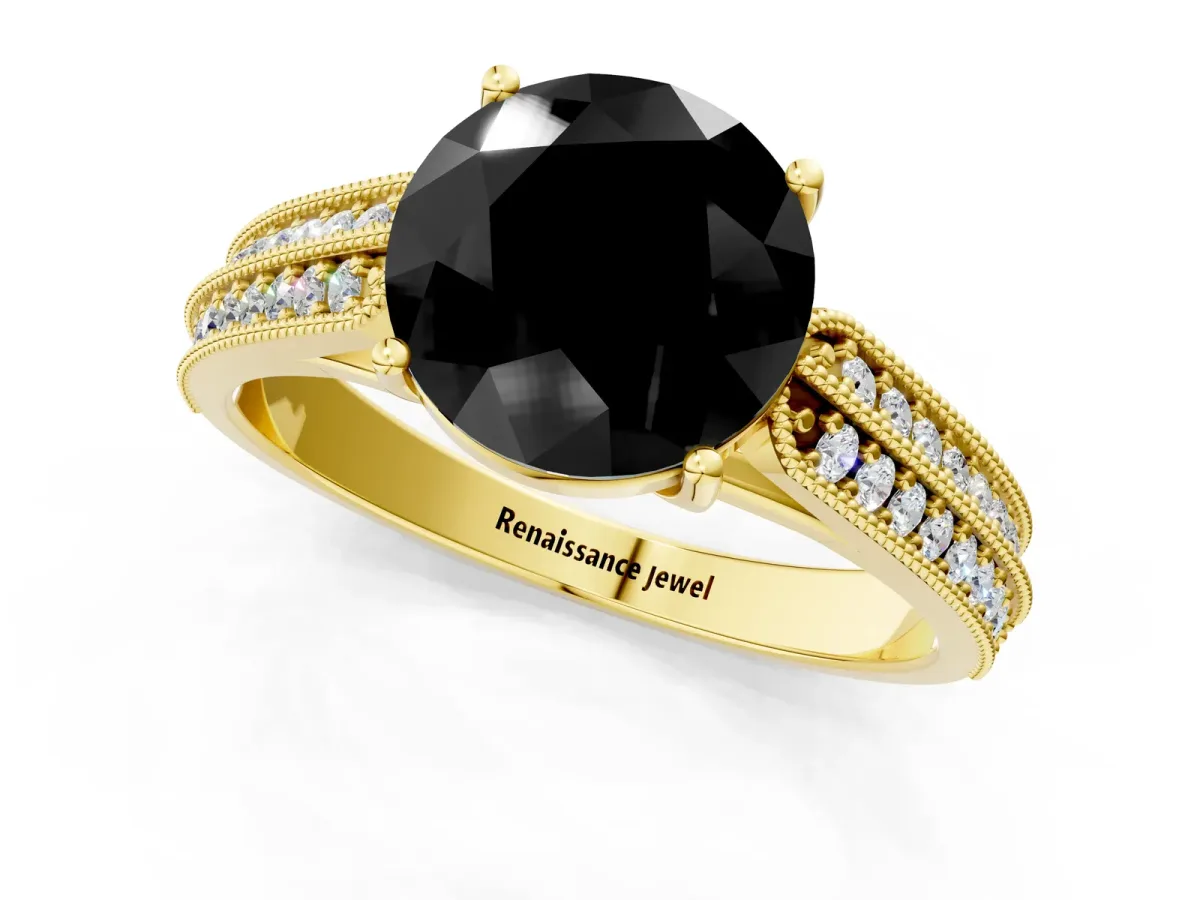 Fancy Black Round Cut Cut Pave Split Shank Engagement Ring with Four-Prong Setting Yellow gold