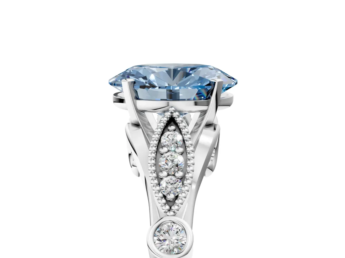 Fancy Blue Oval Cut Cut Diamond with Milgrain Marquise and Bezel Accents on a Solitaire Band with Prong Setting Silver