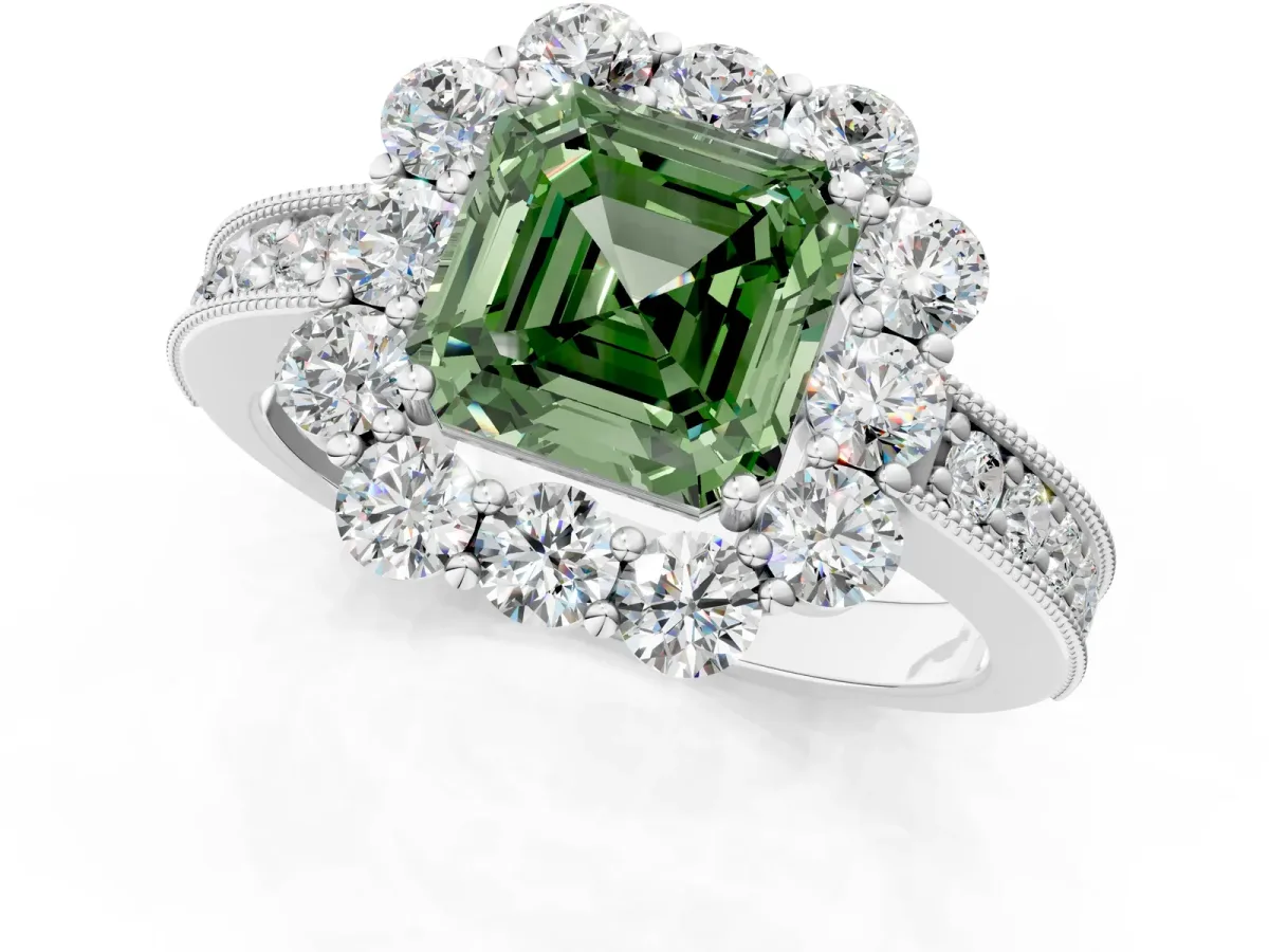 Fancy Green Asscher Cut Cut Halo Diamond Pavé Engagement Ring with Milgrain Detailing Platinum