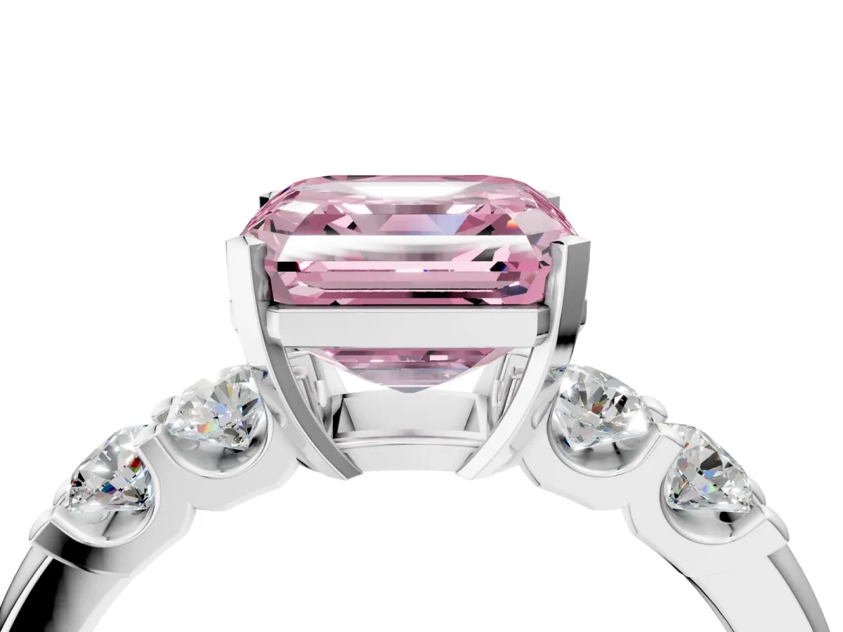 Fancy Pink Asscher Cut Brilliant Cut Diamond Five-Stone Prong Set Engagement Ring with Channel Band Platinum